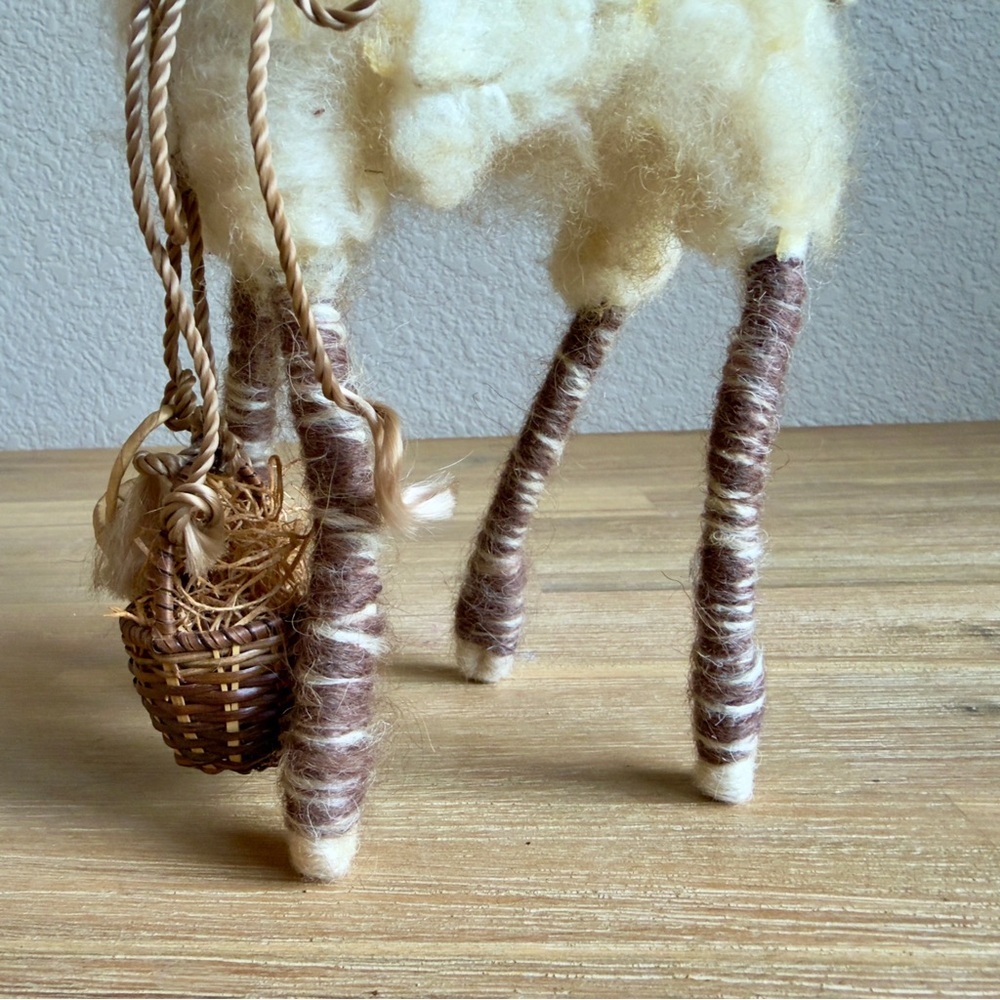 Handmade Wool Felt Llama Alpaca Figurine Folk Art Miniature w Basket 10in - Picture 5 of 15